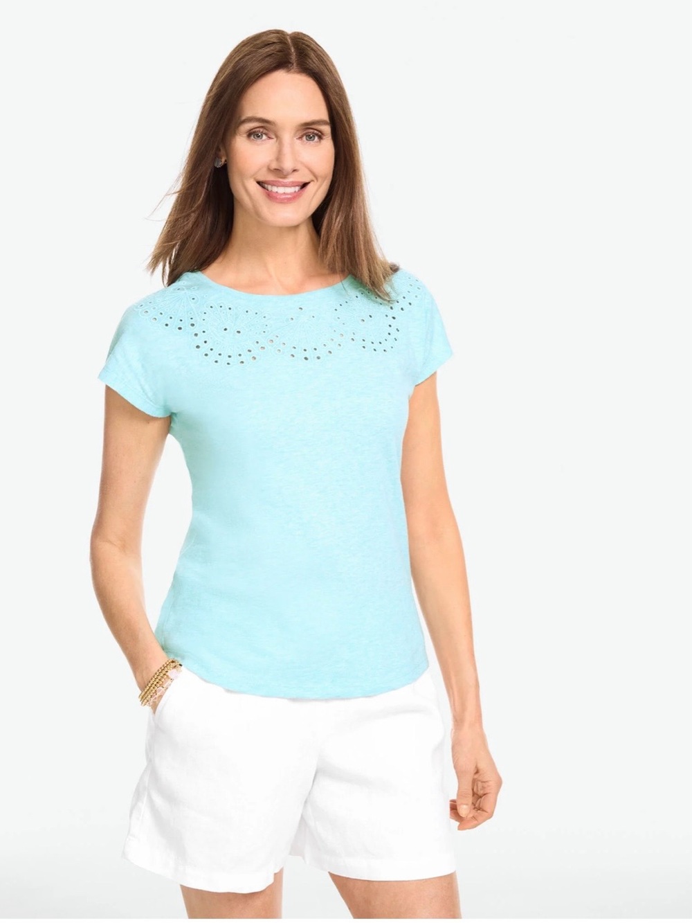 NWT Talbots Eyelet Seashell T-shirt Top Light Turquoise Heather